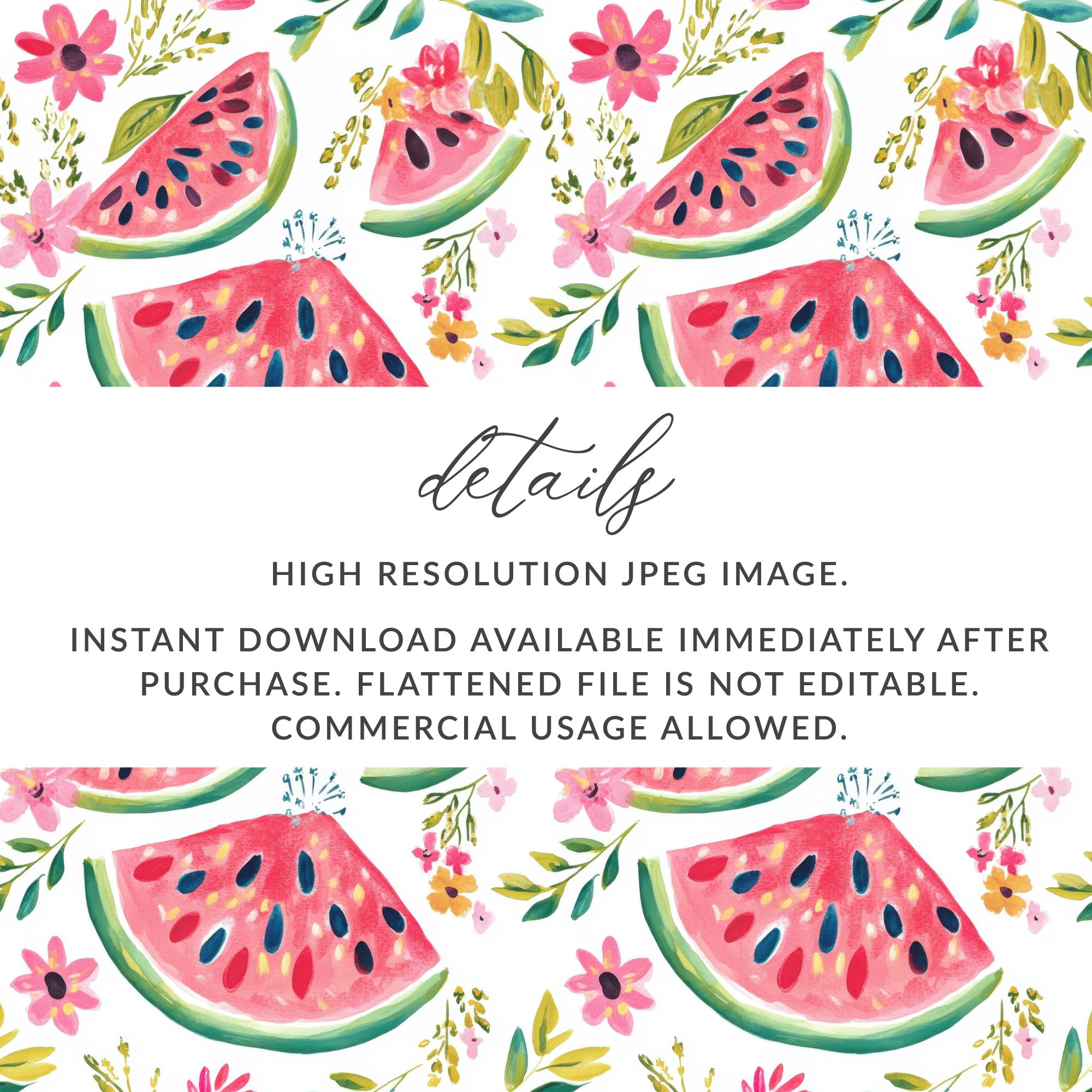 Seamless pattern of sliced watermelons with pink flowers, high resolution JPEG.