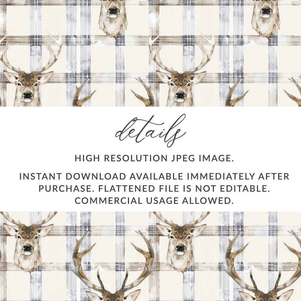 Rustic Deer Head on Plaid Pattern Digital Print