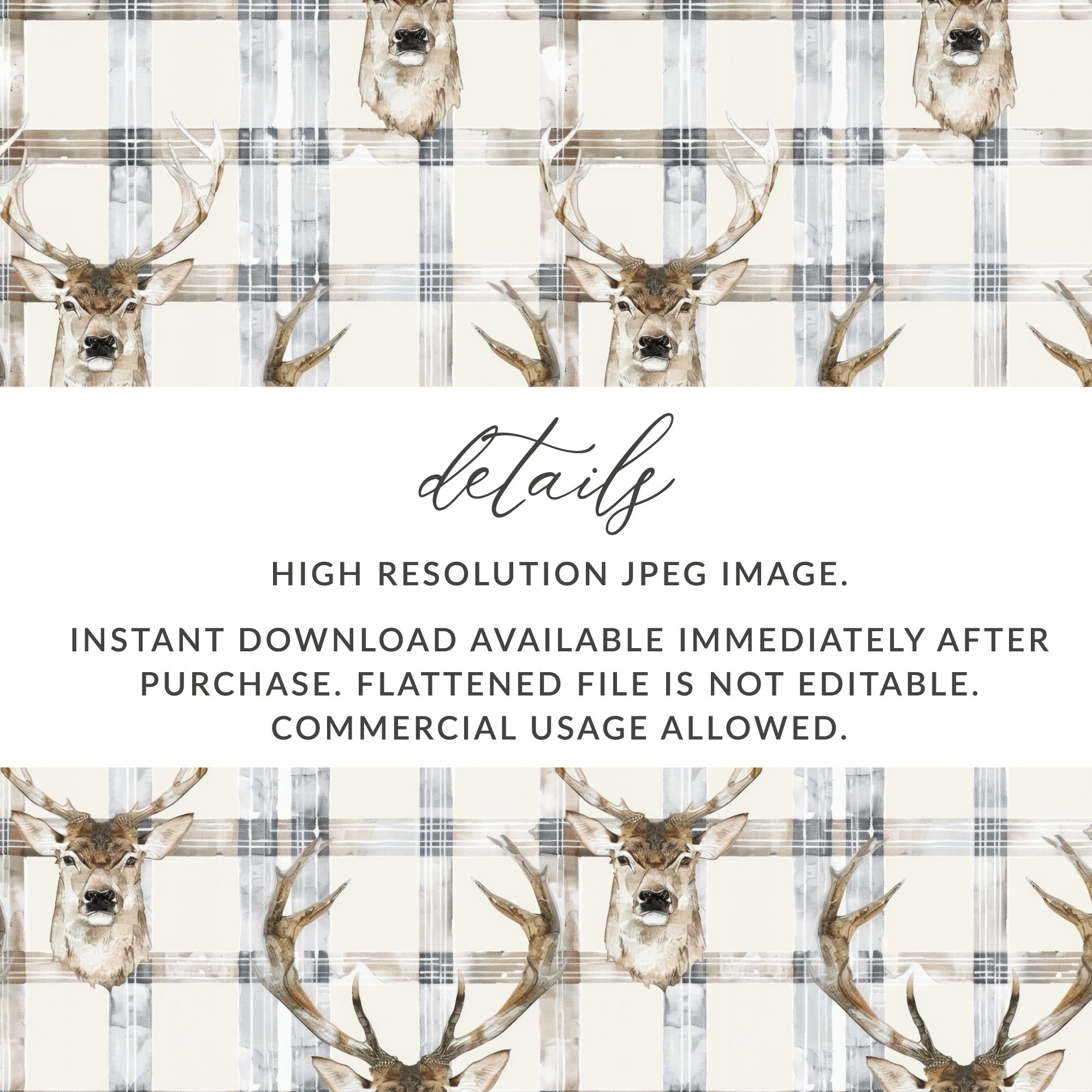 Rustic Deer Head on Plaid Pattern Digital Print