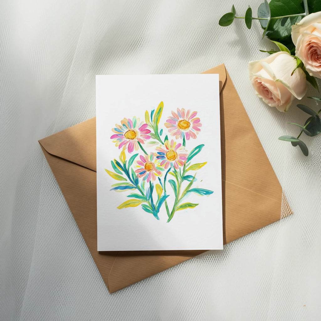 Watercolor daisies on a card laid on a brown envelope, with roses and eucalyptus.