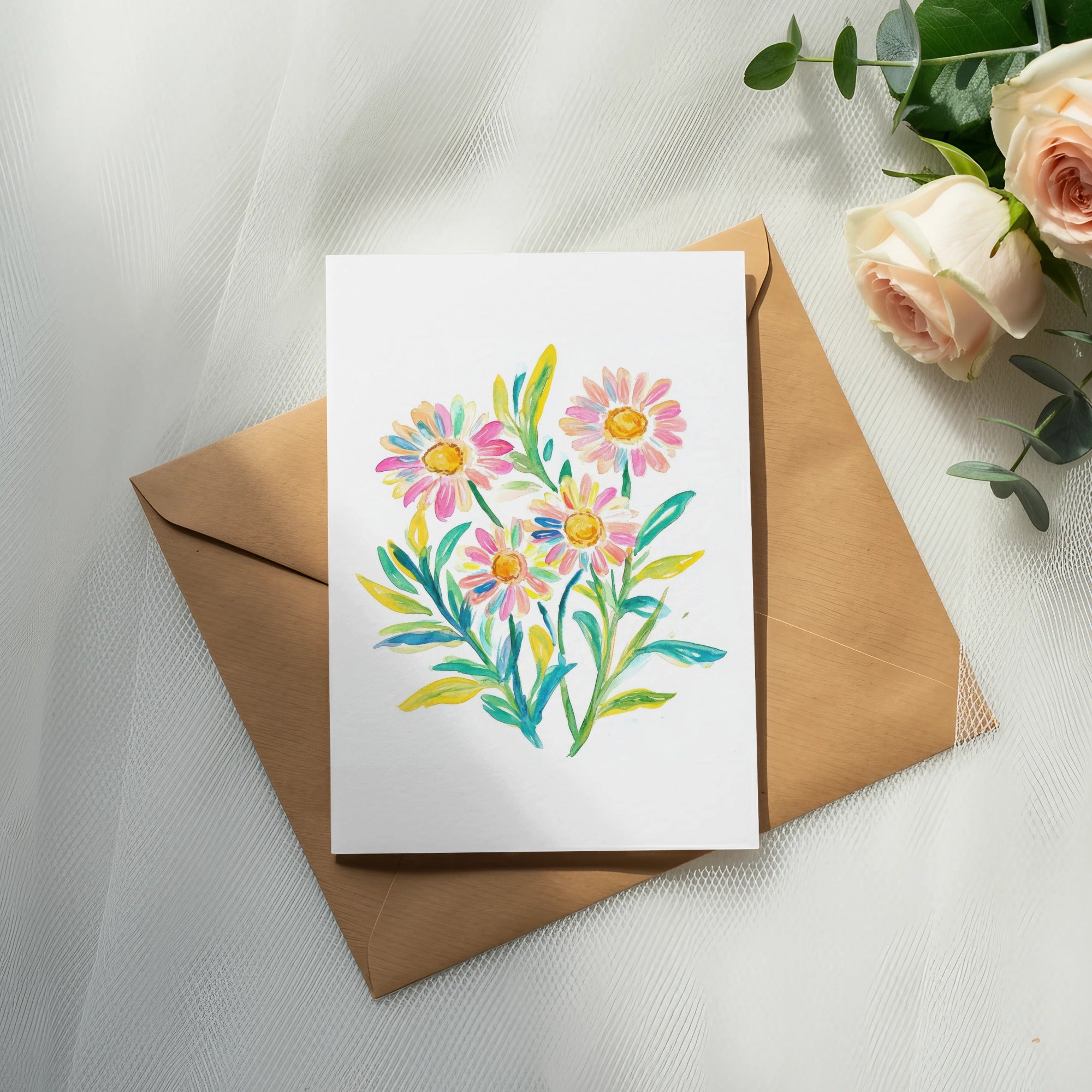 Watercolor daisies on a card laid on a brown envelope, with roses and eucalyptus.