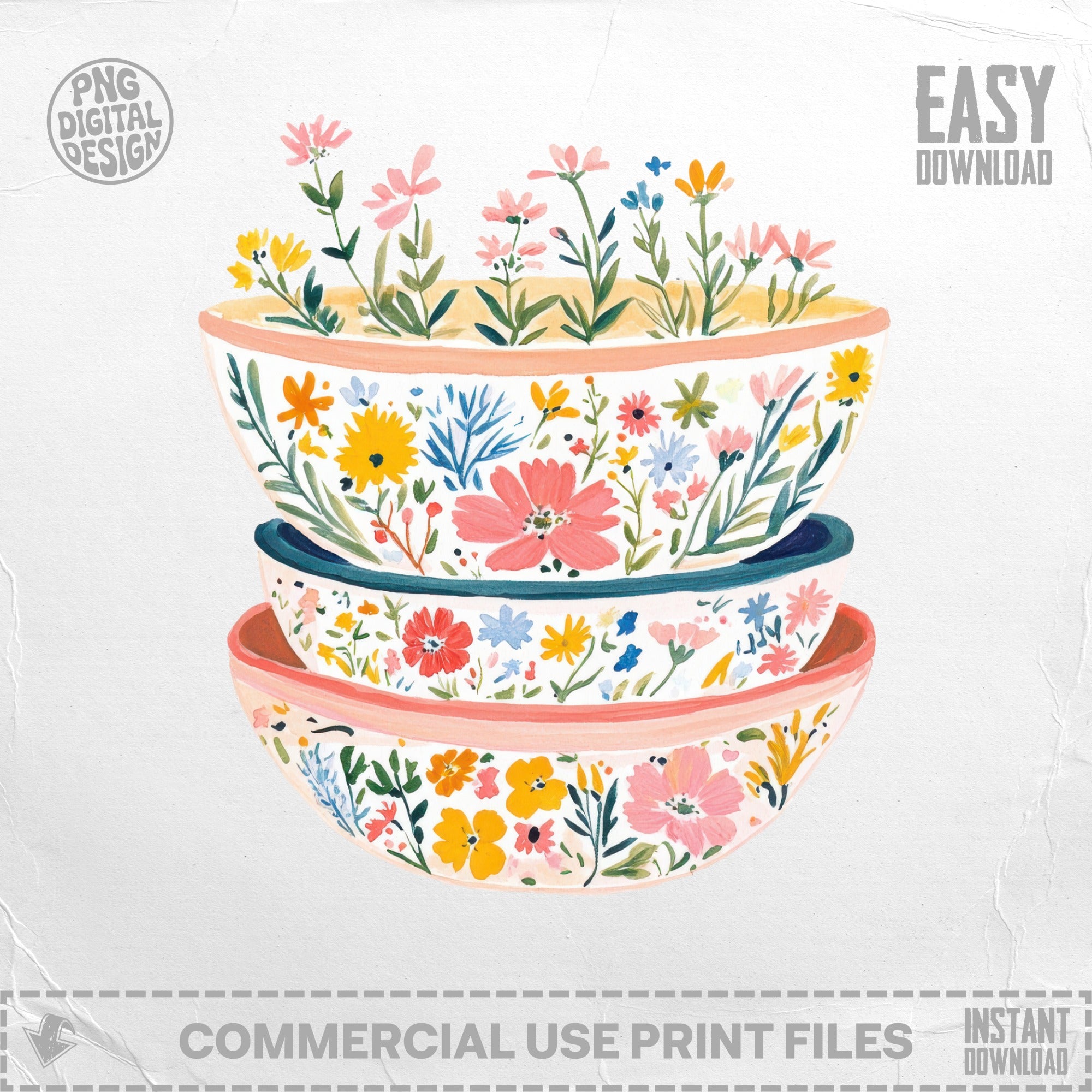 Stack of three floral patterned bowls filled with colorful wildflowers.