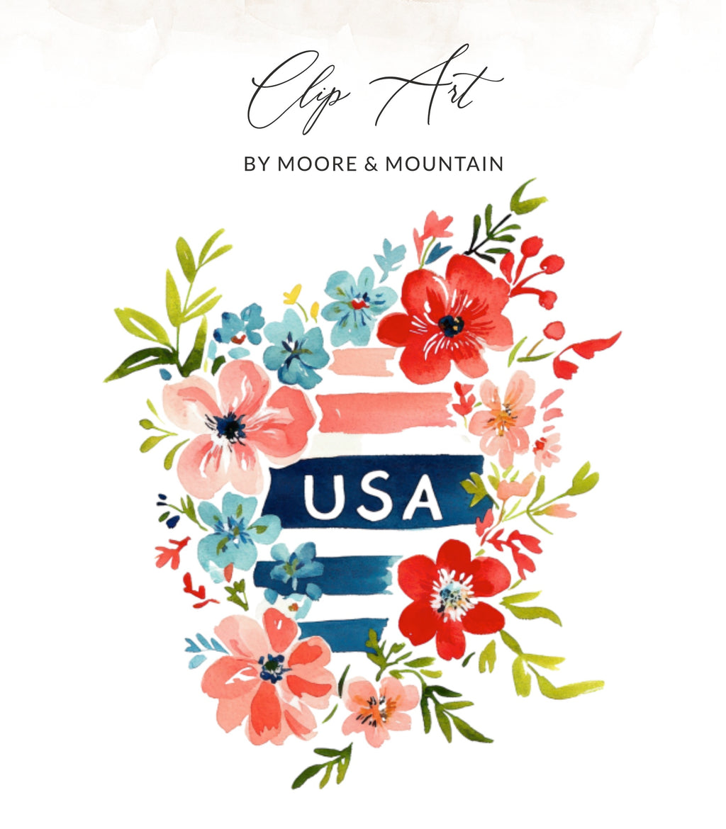 Floral wreath with "USA" text and stripes.