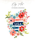 Floral wreath with "USA" text and stripes.