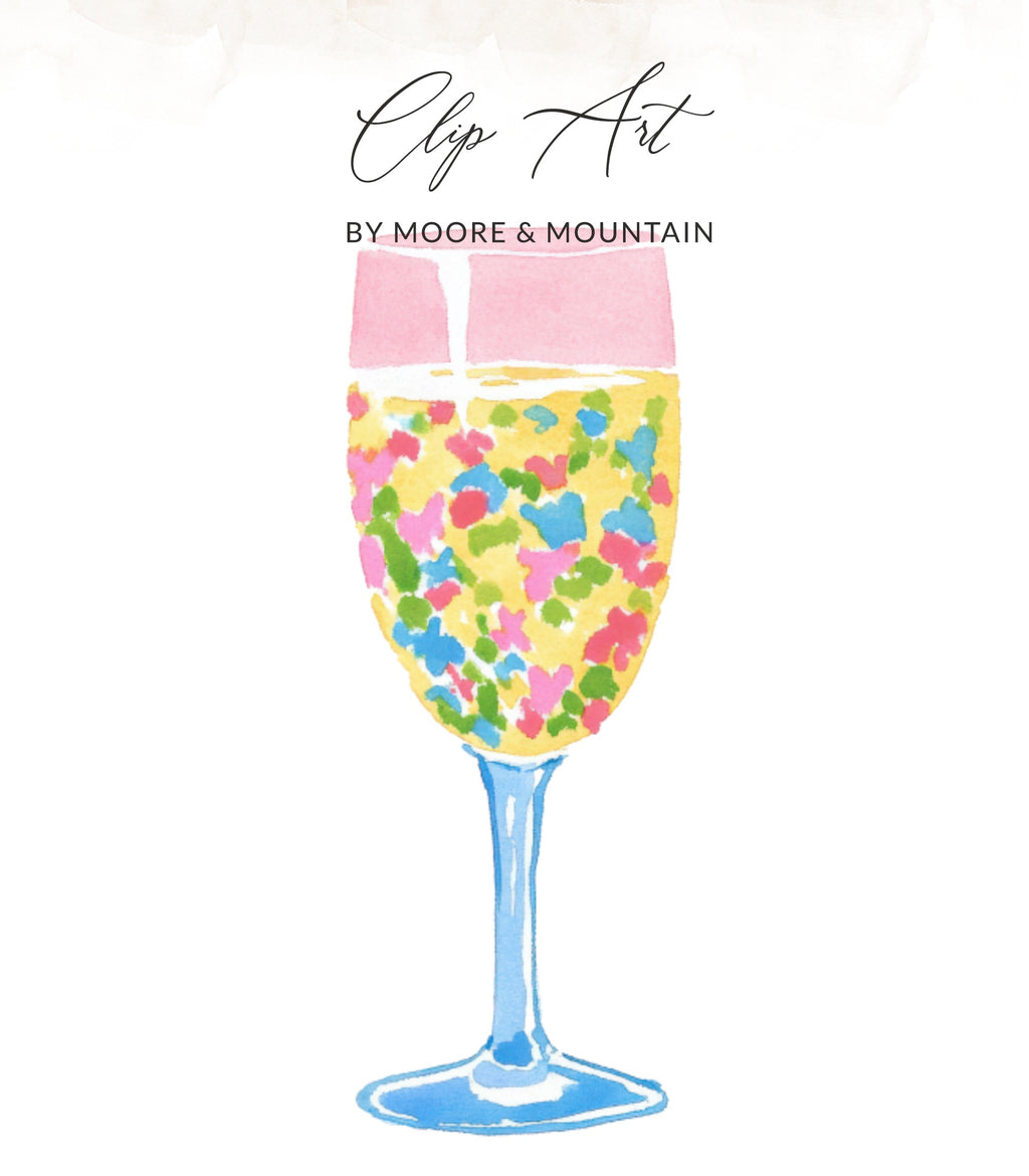 Champagne glass filled with colorful confetti, "Clip Art" by Moore & Mountain.
