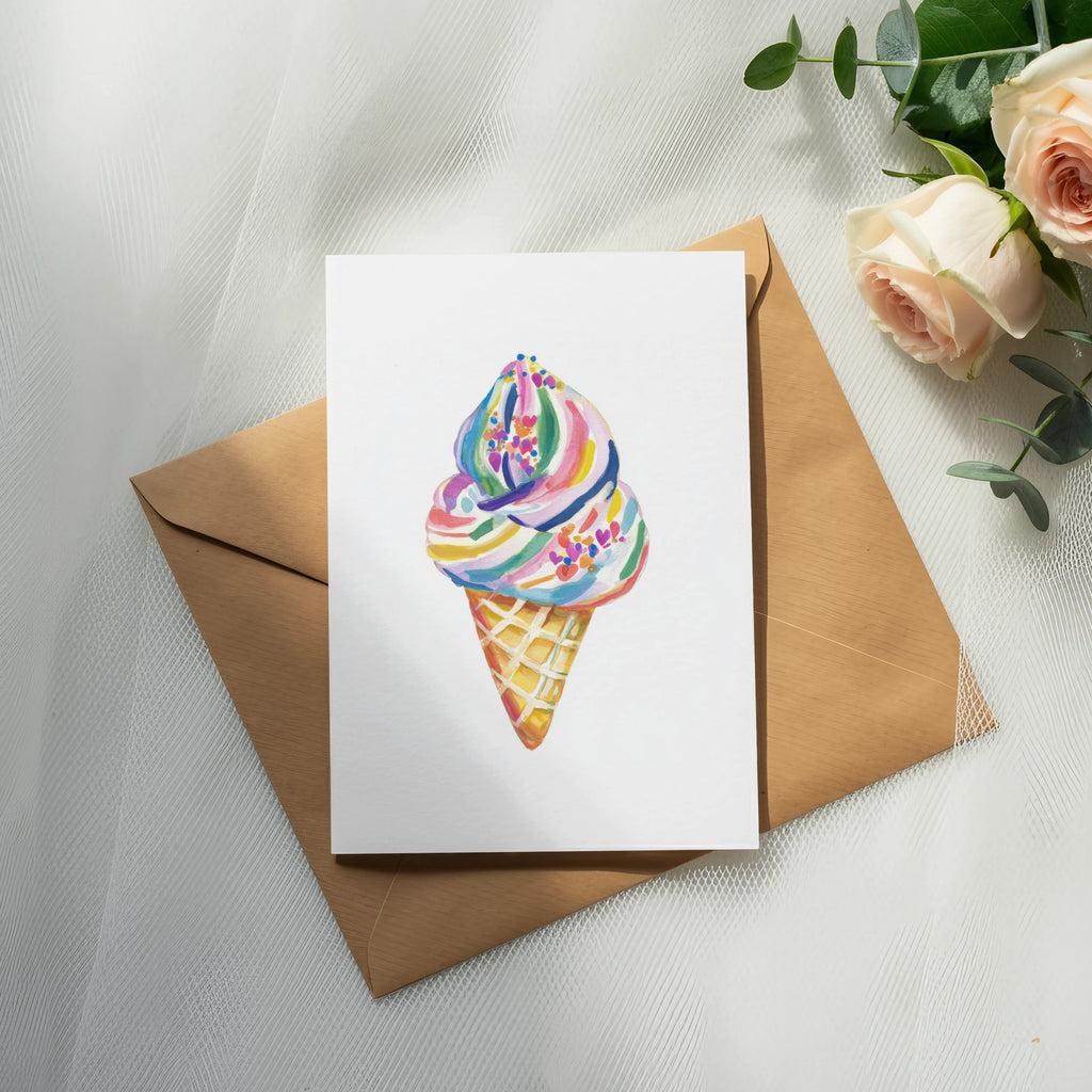 Watercolor ice cream cone with colorful sprinkles on a card.