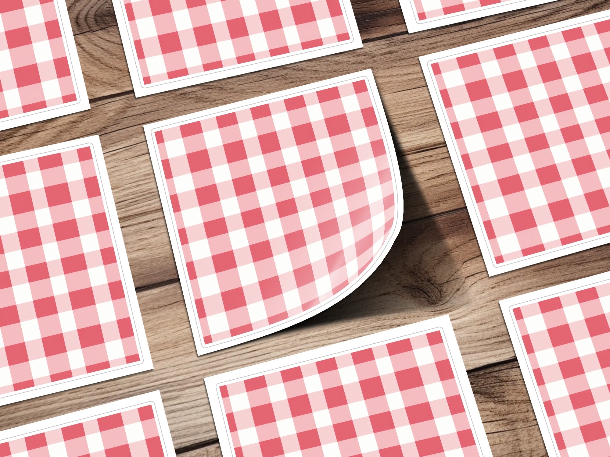 Red and White Checkered Gingham Pattern Sticker Set