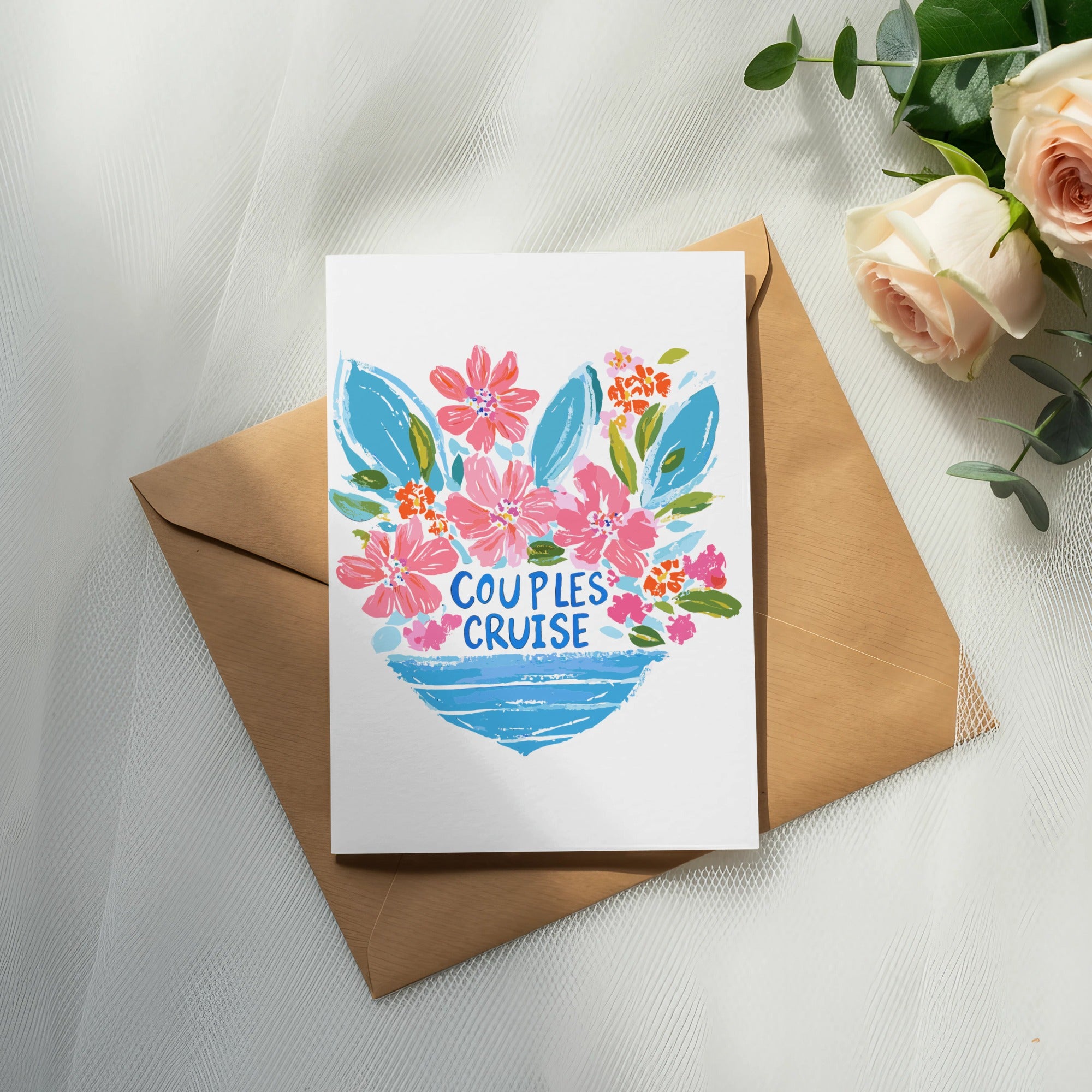 Card with "COUPLES CRUISE" text and floral design on envelope.