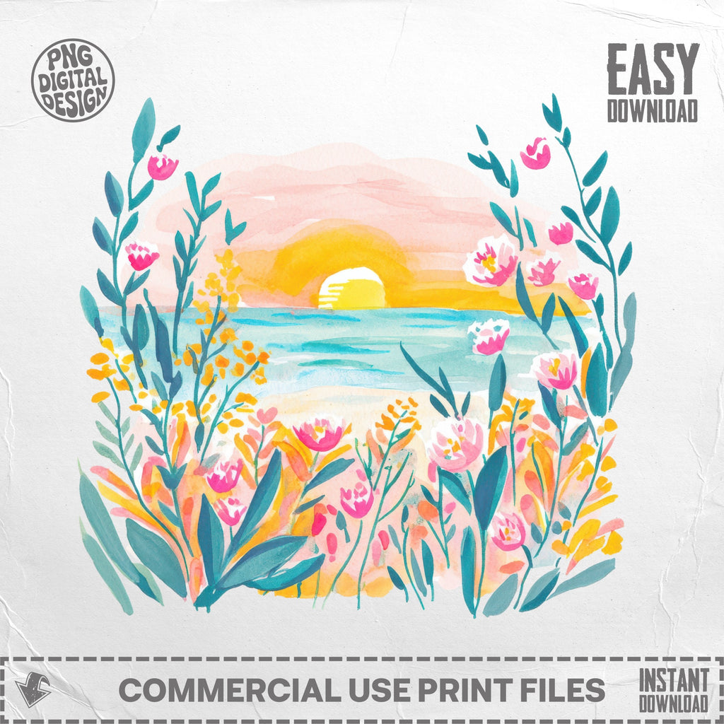 Watercolor beach scene with flowers, sunset, and "easy download" text.
