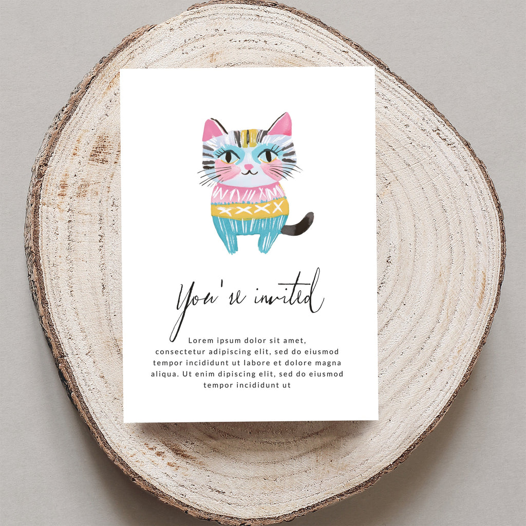 Invitation card with a colorful cartoon cat and "You're invited" text.
