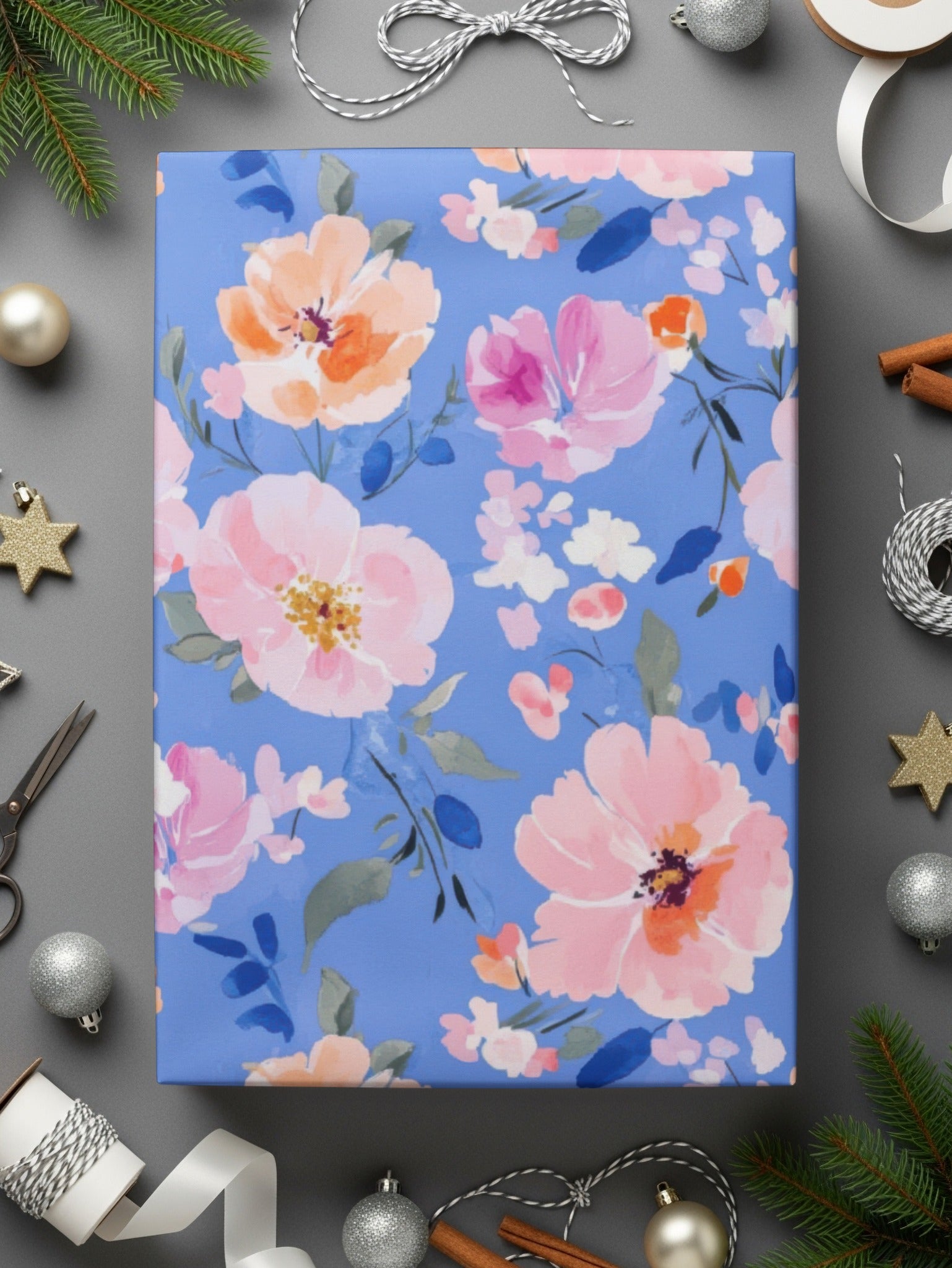 Floral Patterned Gift Wrap with Pink and Orange Flowers