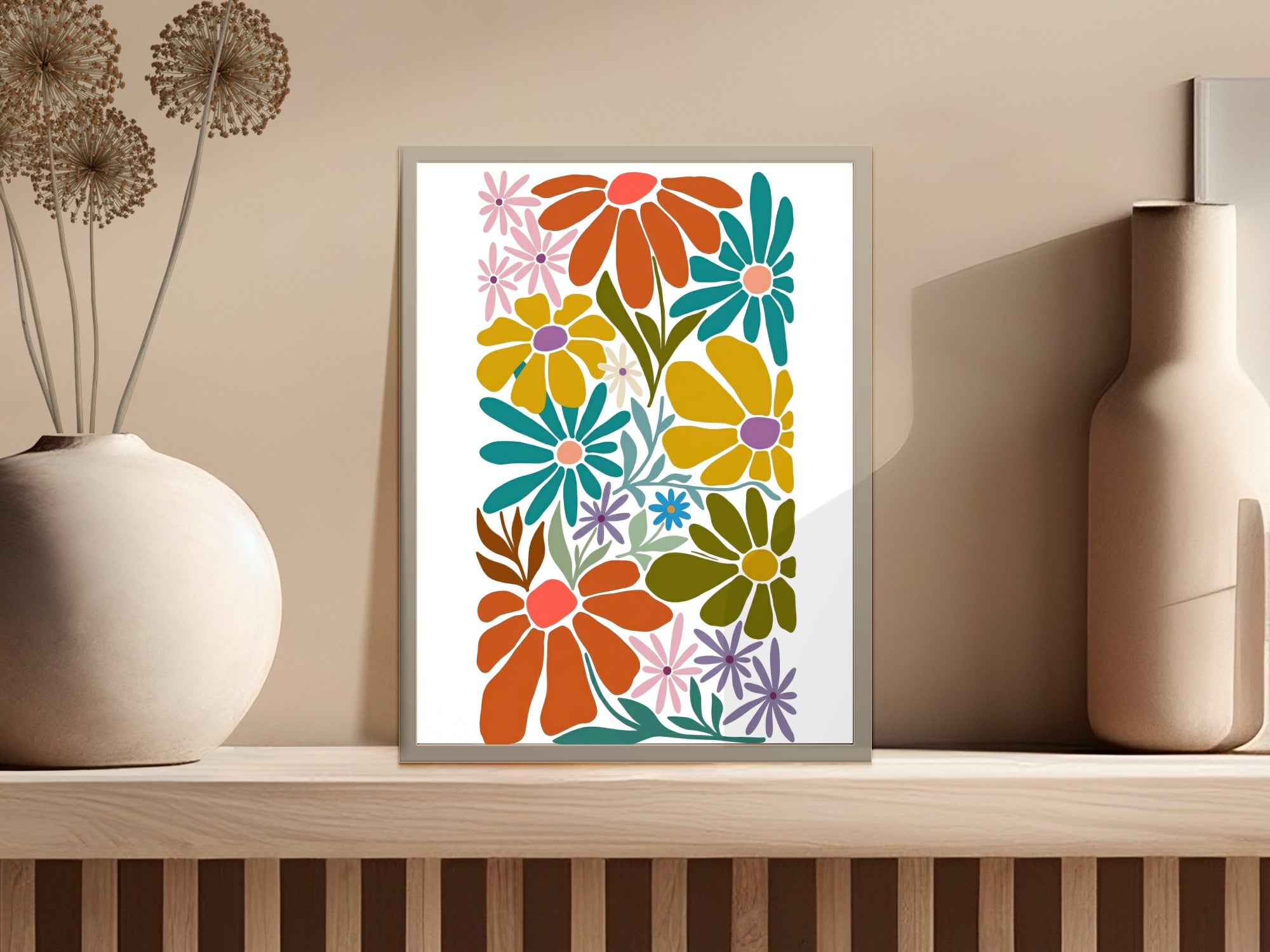 Abstract floral art print with orange, yellow, blue, and purple flowers.