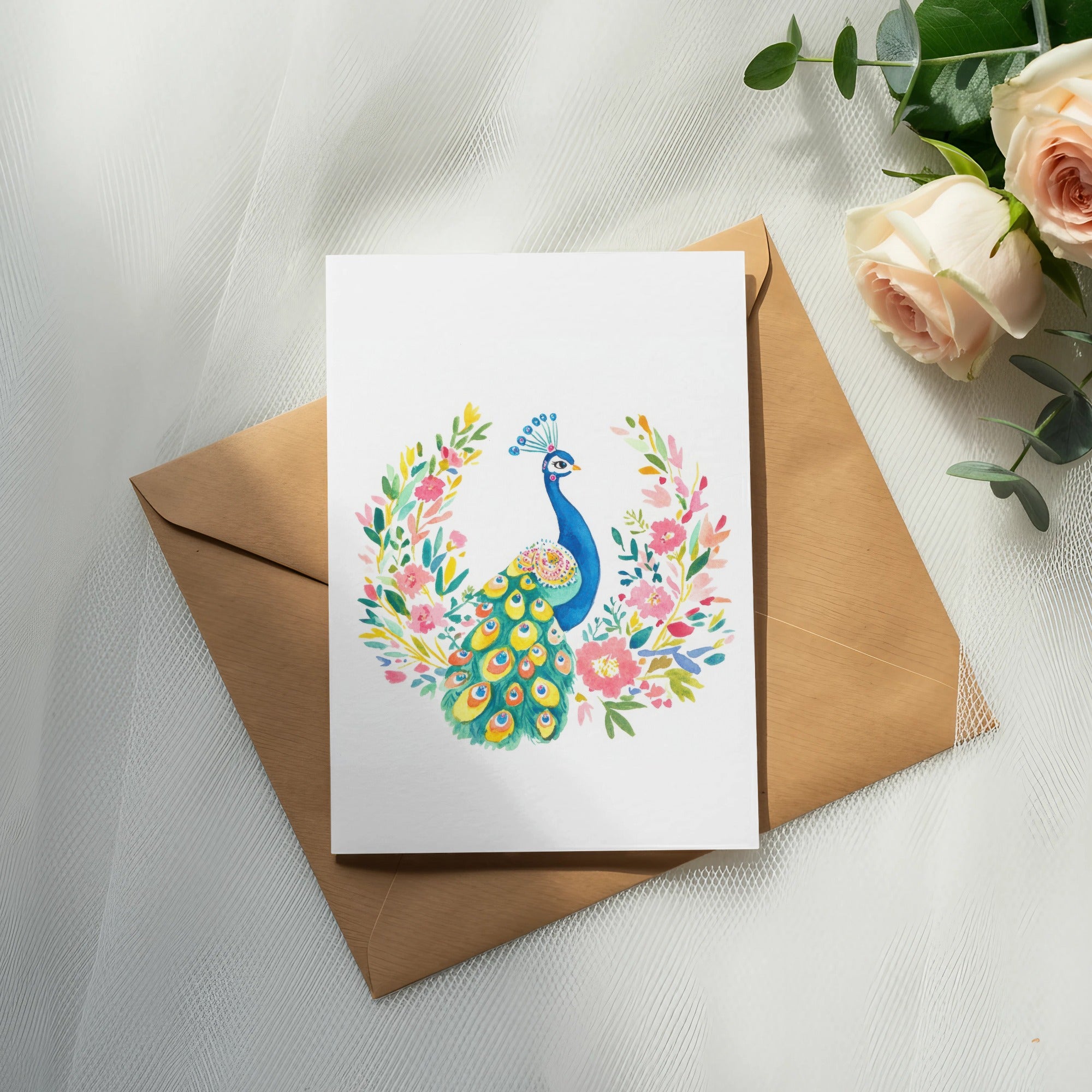 Watercolor peacock with floral wreath on a card atop a brown envelope.