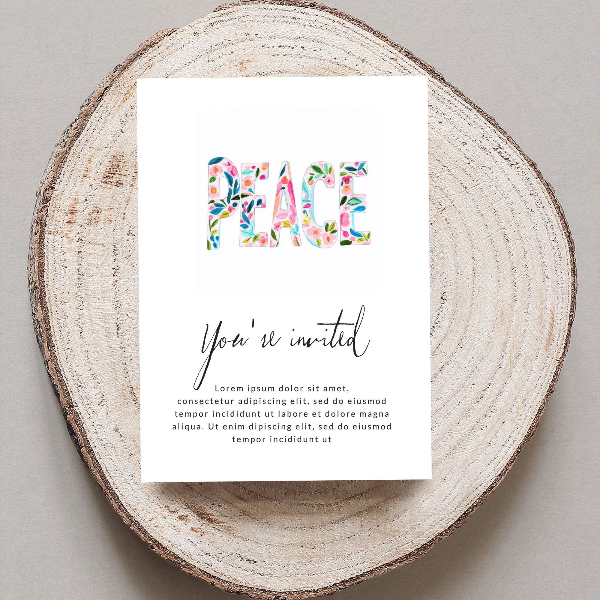 Invitation card with "PEACE" in floral letters and "You're invited" text.