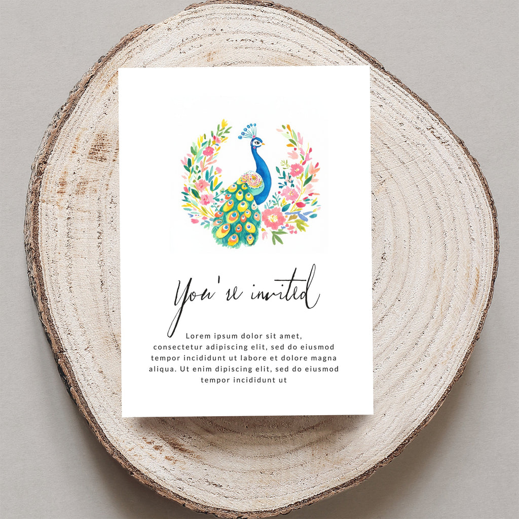 Invitation card with peacock wreath and "You're invited" text.