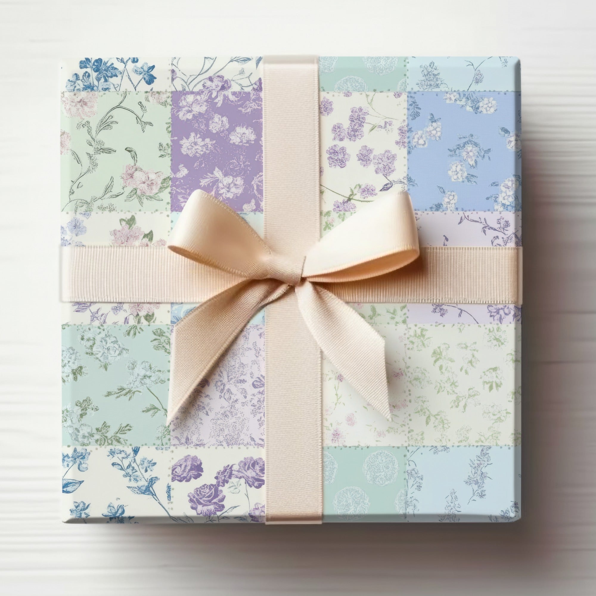 Pastel Floral Patterned Gift Box with Cream Ribbon bow