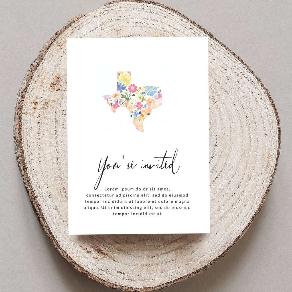 Texas shape invitation with floral pattern and placeholder text.