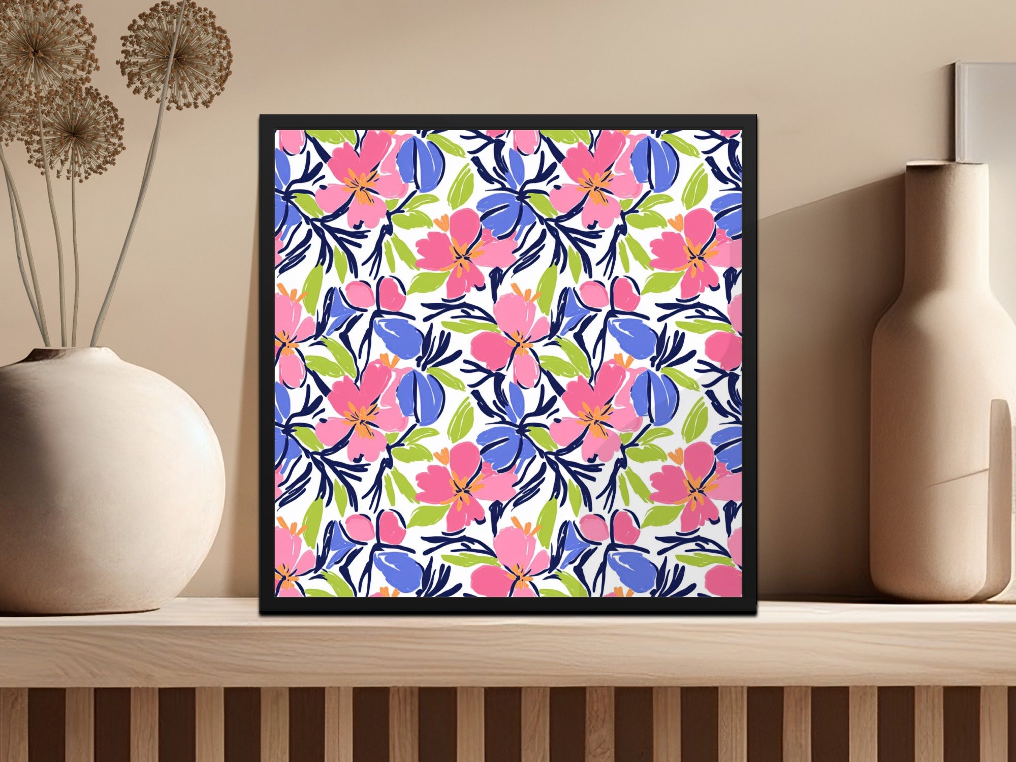 Vibrant Floral Digital Paper, Abstract Flower Pattern, Seamless Background, Preppy Pink Blue Green Design, Instant Download Art