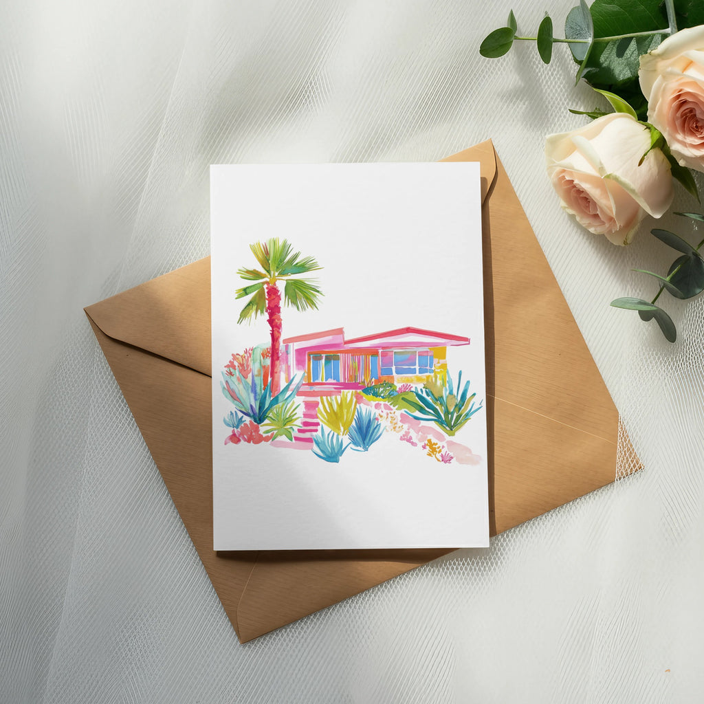 Watercolor illustration of a pink mid-century modern house with lush landscaping.