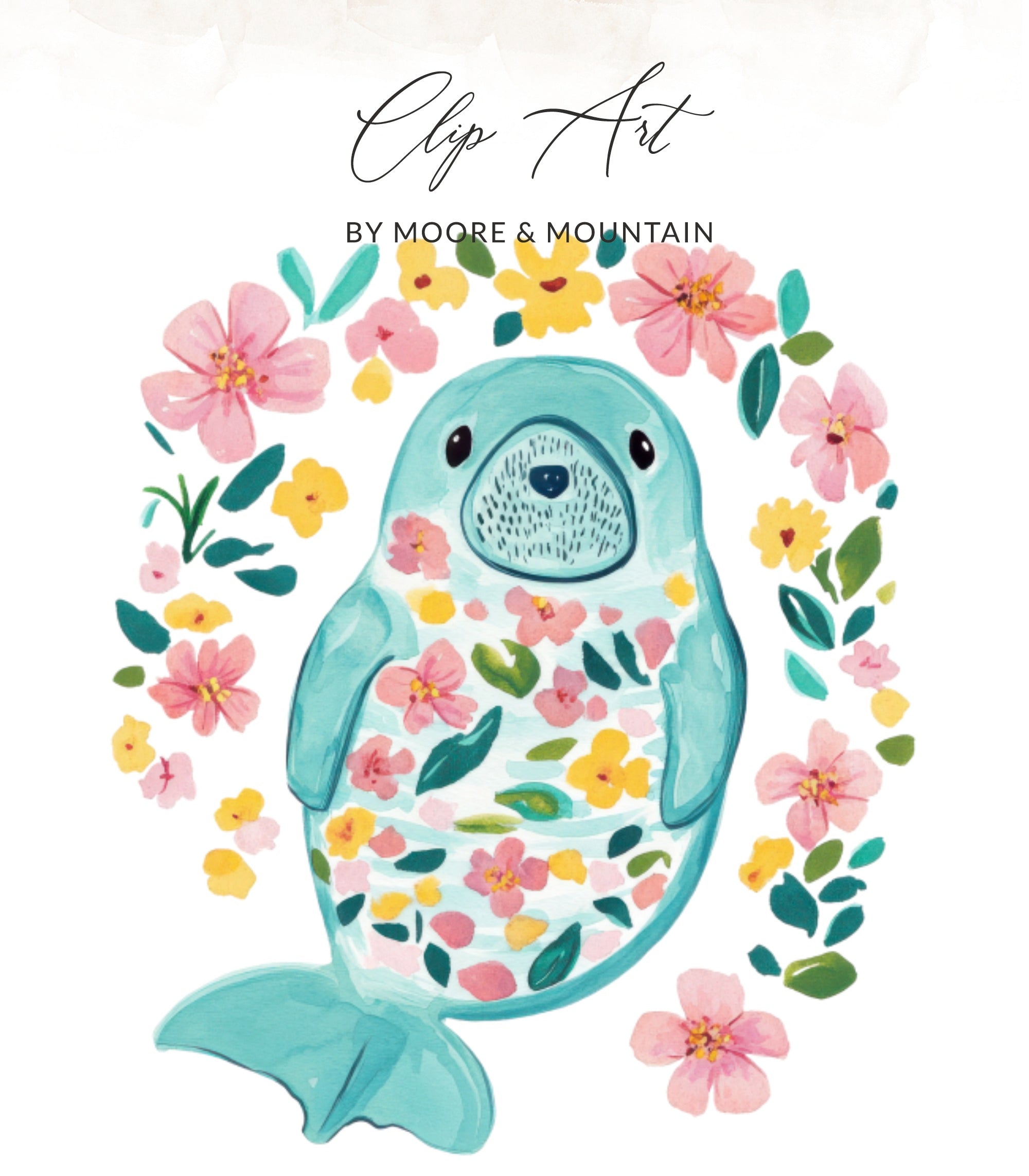 Watercolor seal with floral pattern surrounded by pink and yellow flowers.