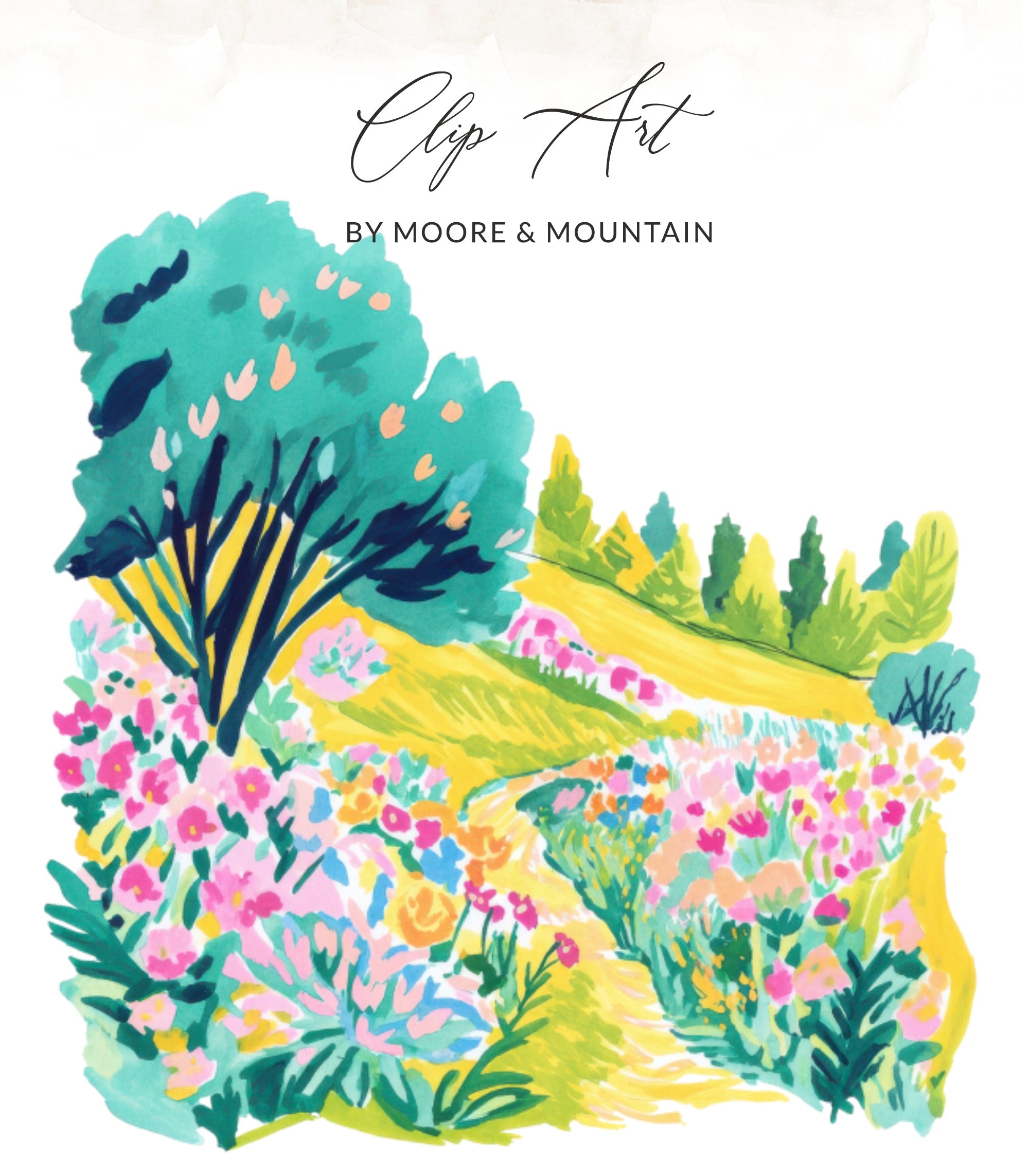 Colorful floral landscape with a winding path and text "Clip Art by Moore & Mountain".