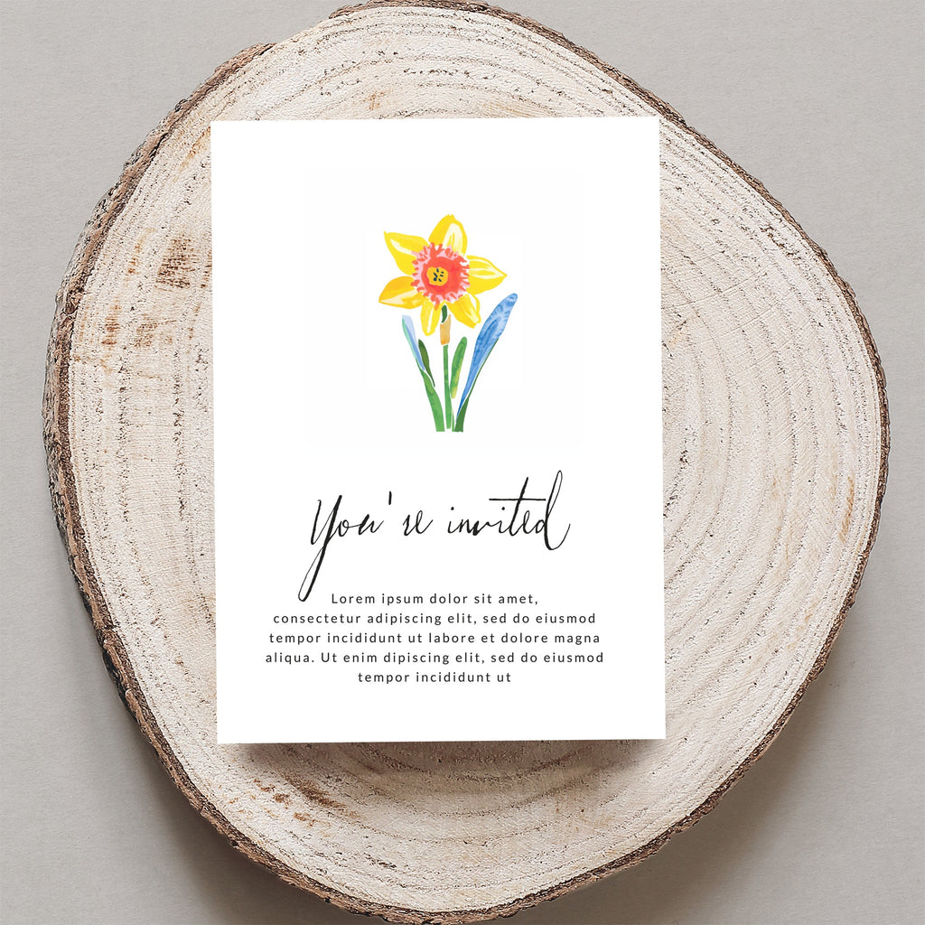 "You're invited" card with watercolor daffodil and placeholder text.