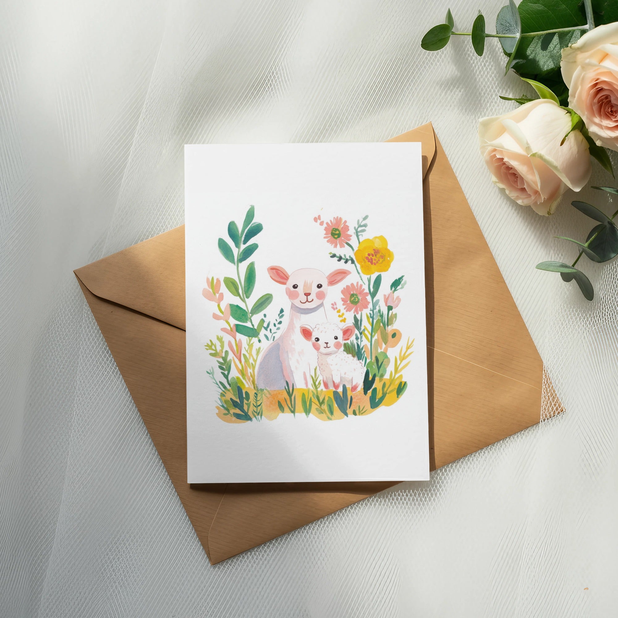 Watercolor illustration of a mother sheep and lamb with flowers on a card.