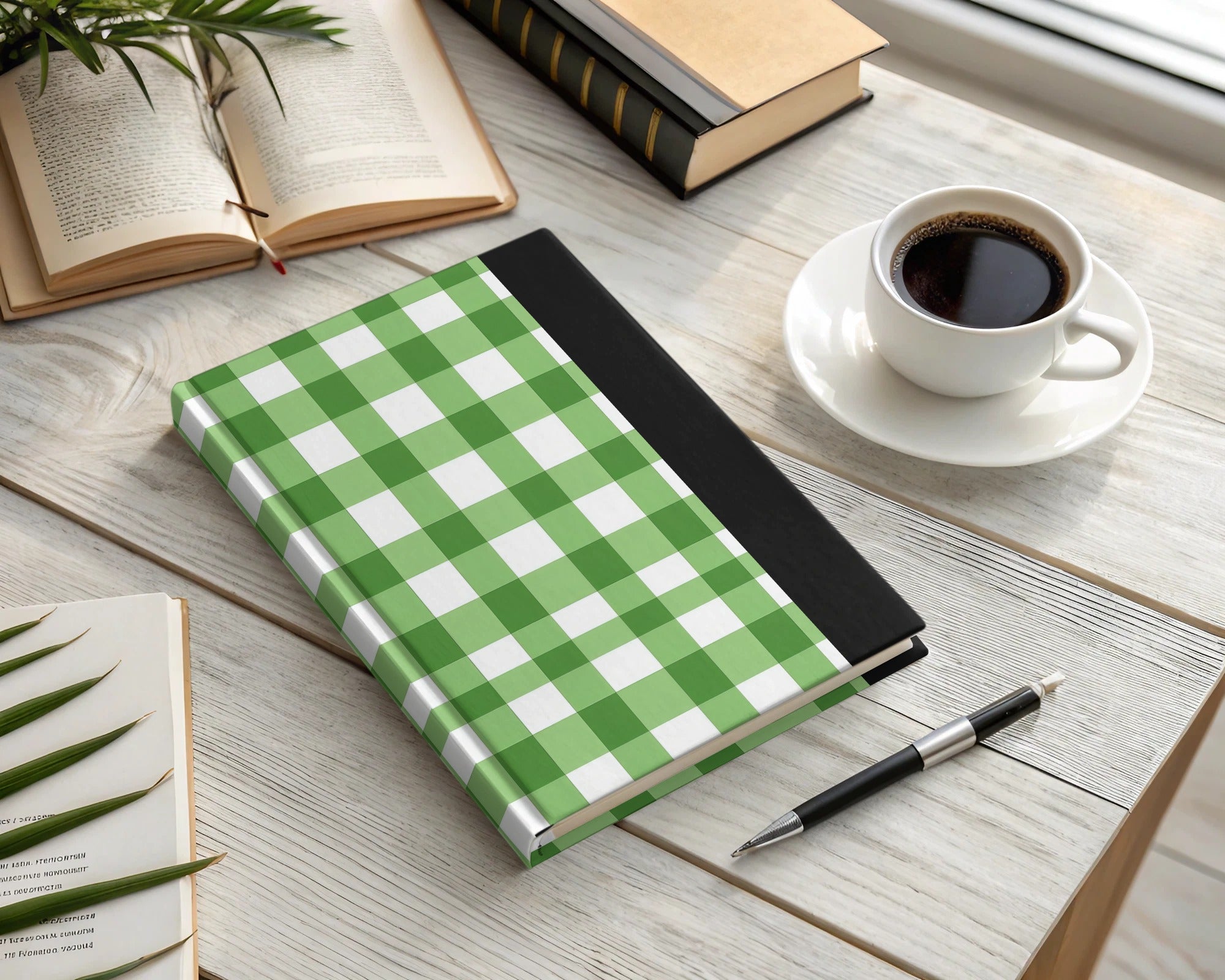 Green and White Checkered Hardcover Notebook for Office