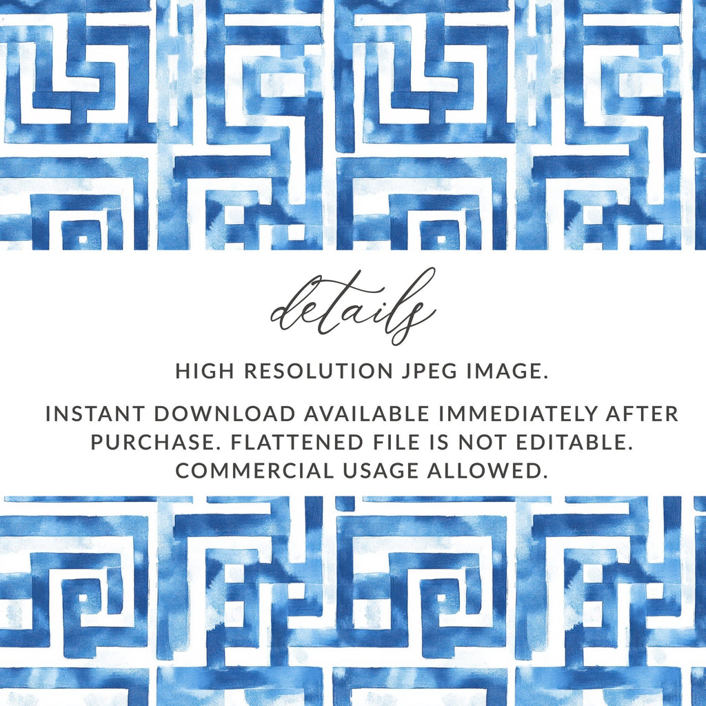 Abstract Indigo Watercolor Greek Key Seamless Pattern Design Digital - Moore and Mountain