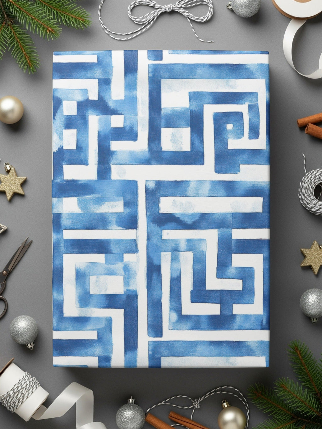 Abstract Indigo Watercolor Greek Key Seamless Pattern Design Digital - Moore and Mountain