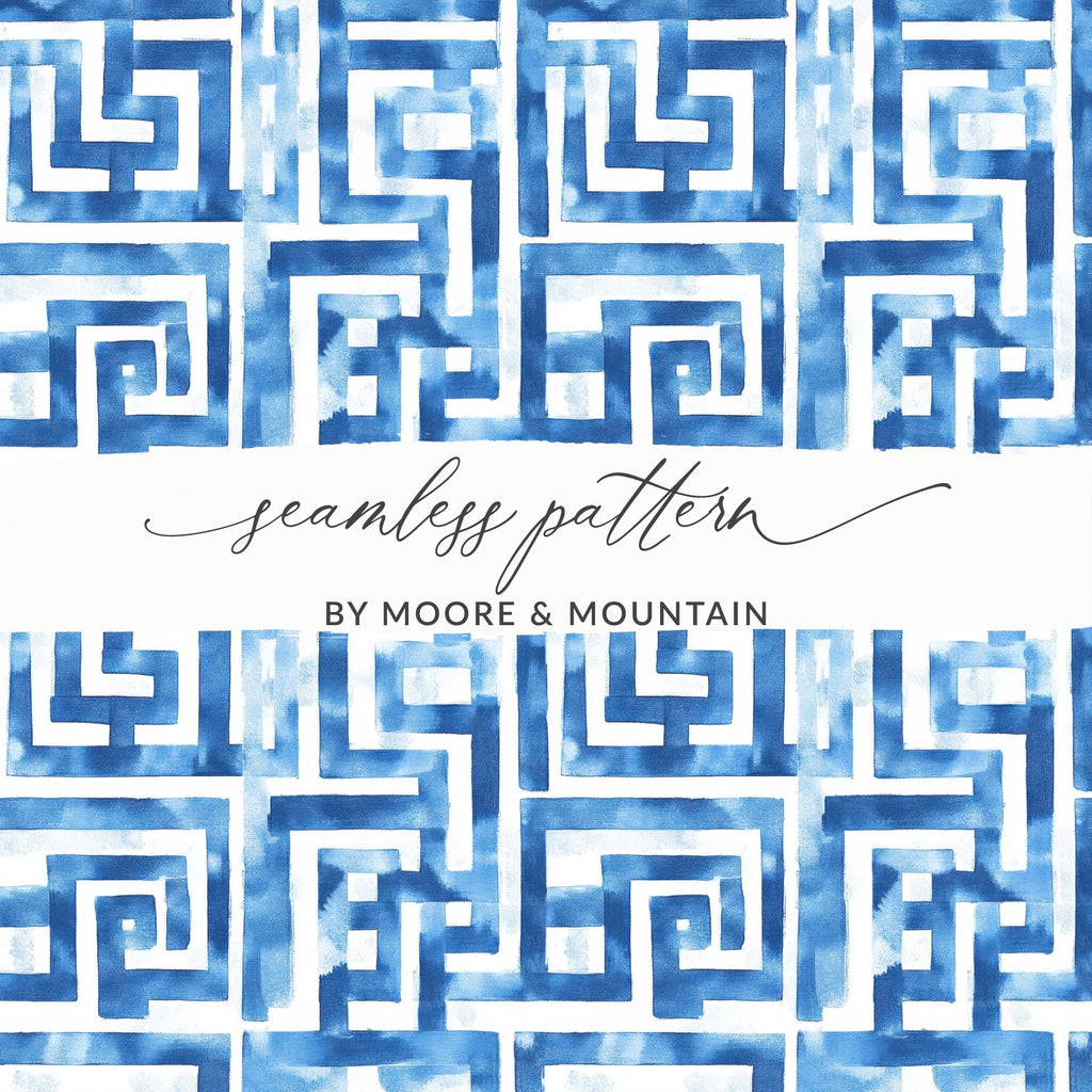 Abstract Indigo Watercolor Greek Key Seamless Pattern Design Digital - Moore and Mountain
