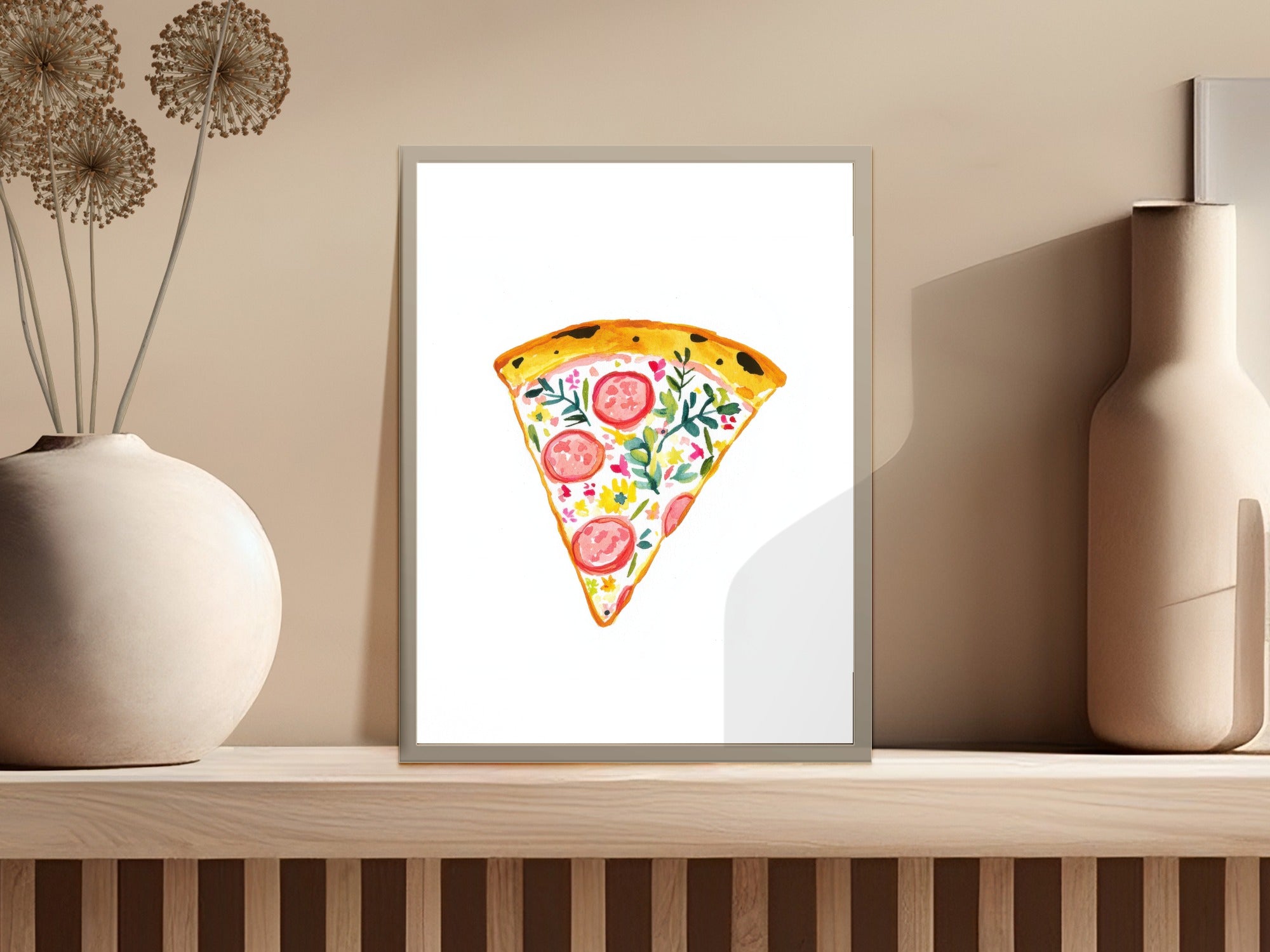 Watercolor slice of pizza with pepperoni and herbs in a white frame.