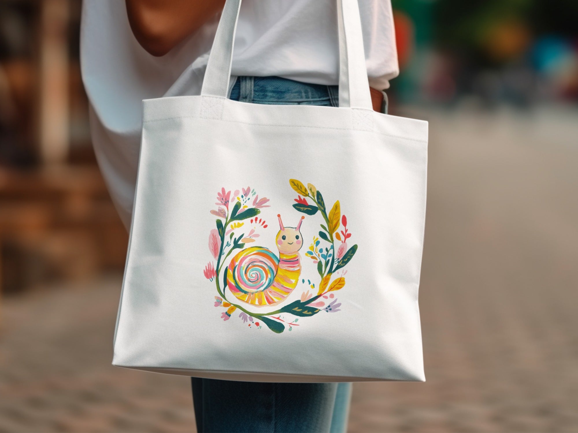 White tote bag with a colorful snail and floral wreath illustration.