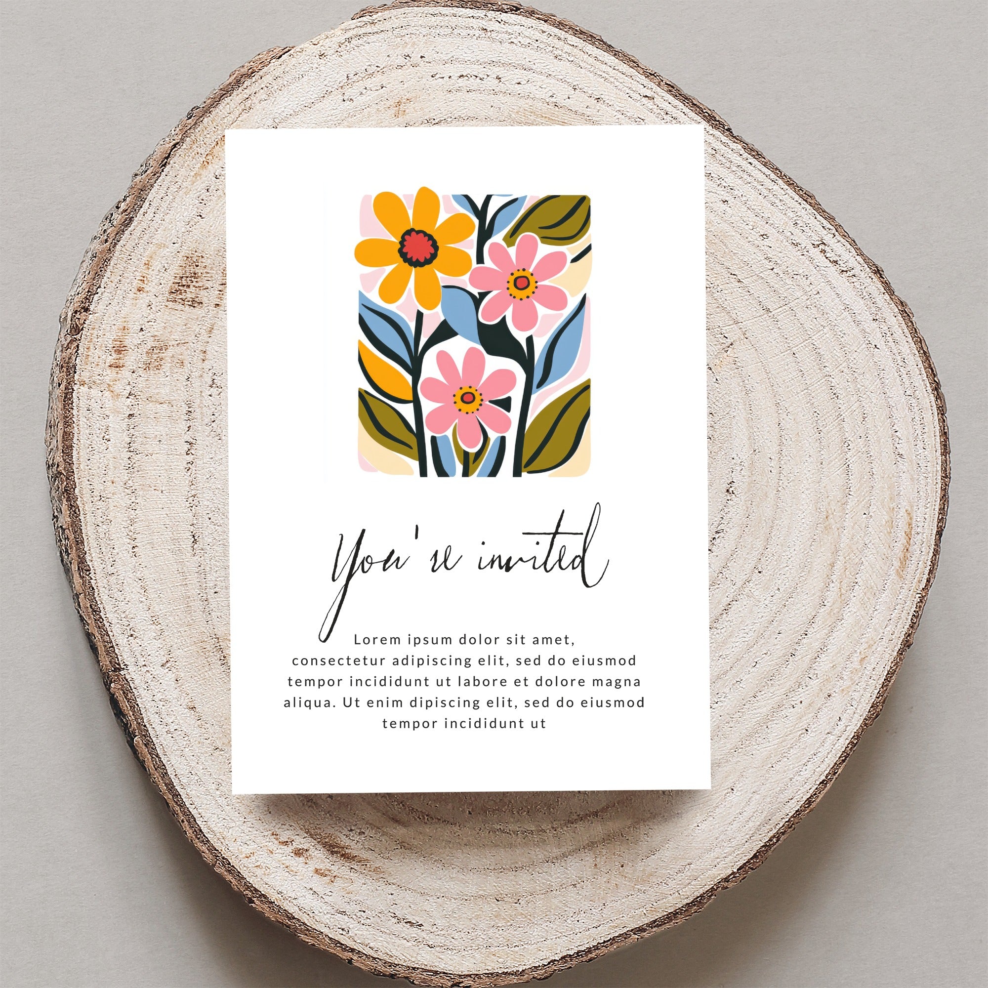 Invitation card with floral illustration and "You're invited" text.