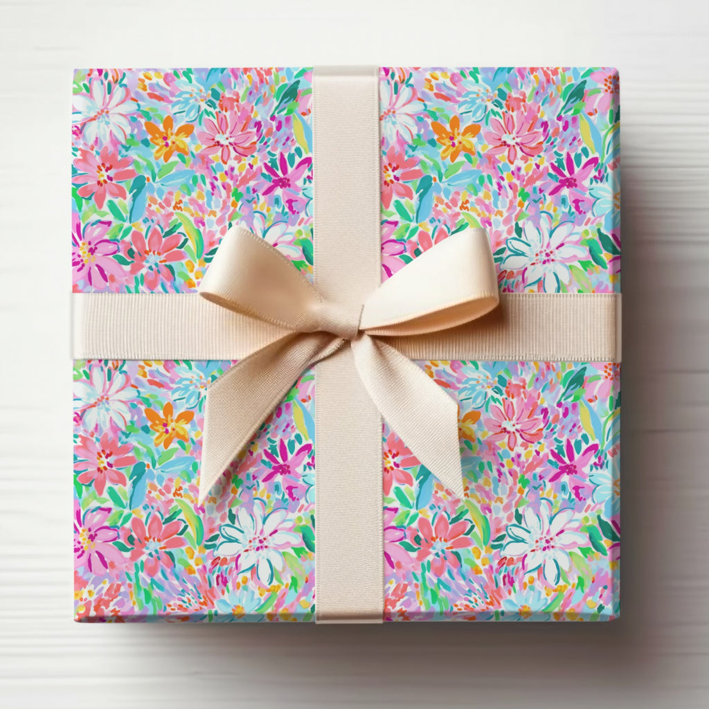 Colorful Floral Gift Wrap with Cream Ribbon product