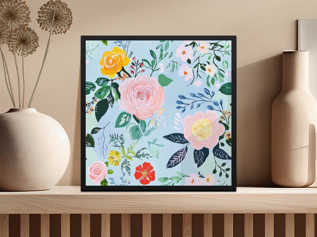 Acrylic Seamless Pattern, Modern Gouache Painted Floral, Blue Floral Digital Paper, Fine Art Floral Print, Fabric Design