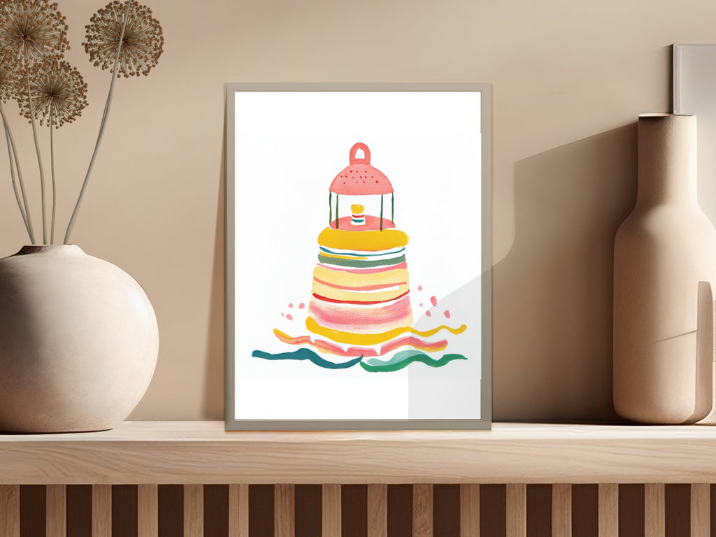 Watercolor painting of a colorful lighthouse on wavy blue and green seas.