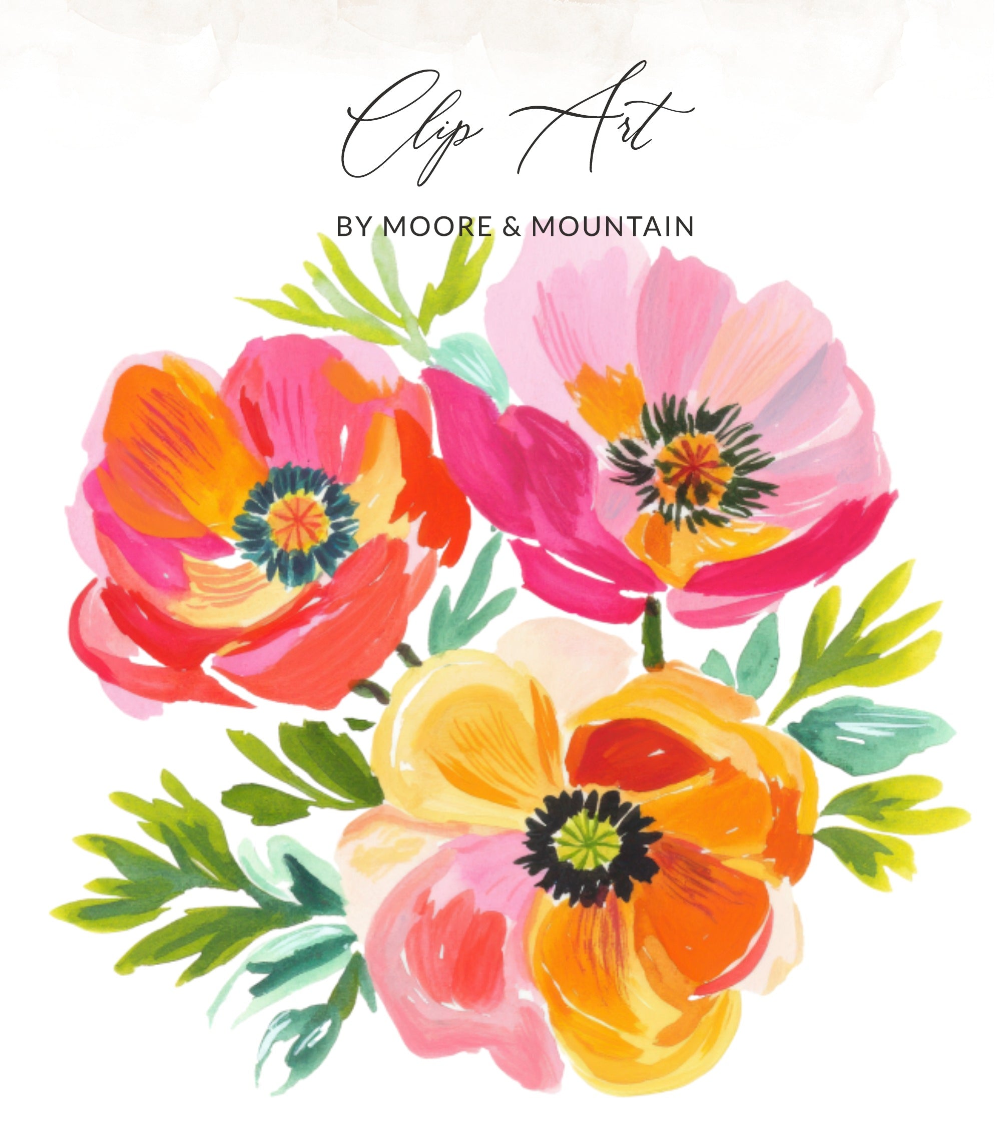 Watercolor floral clip art with poppies and foliage by Moore & Mountain.