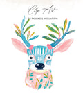 Watercolor deer illustration with floral and geometric patterns.