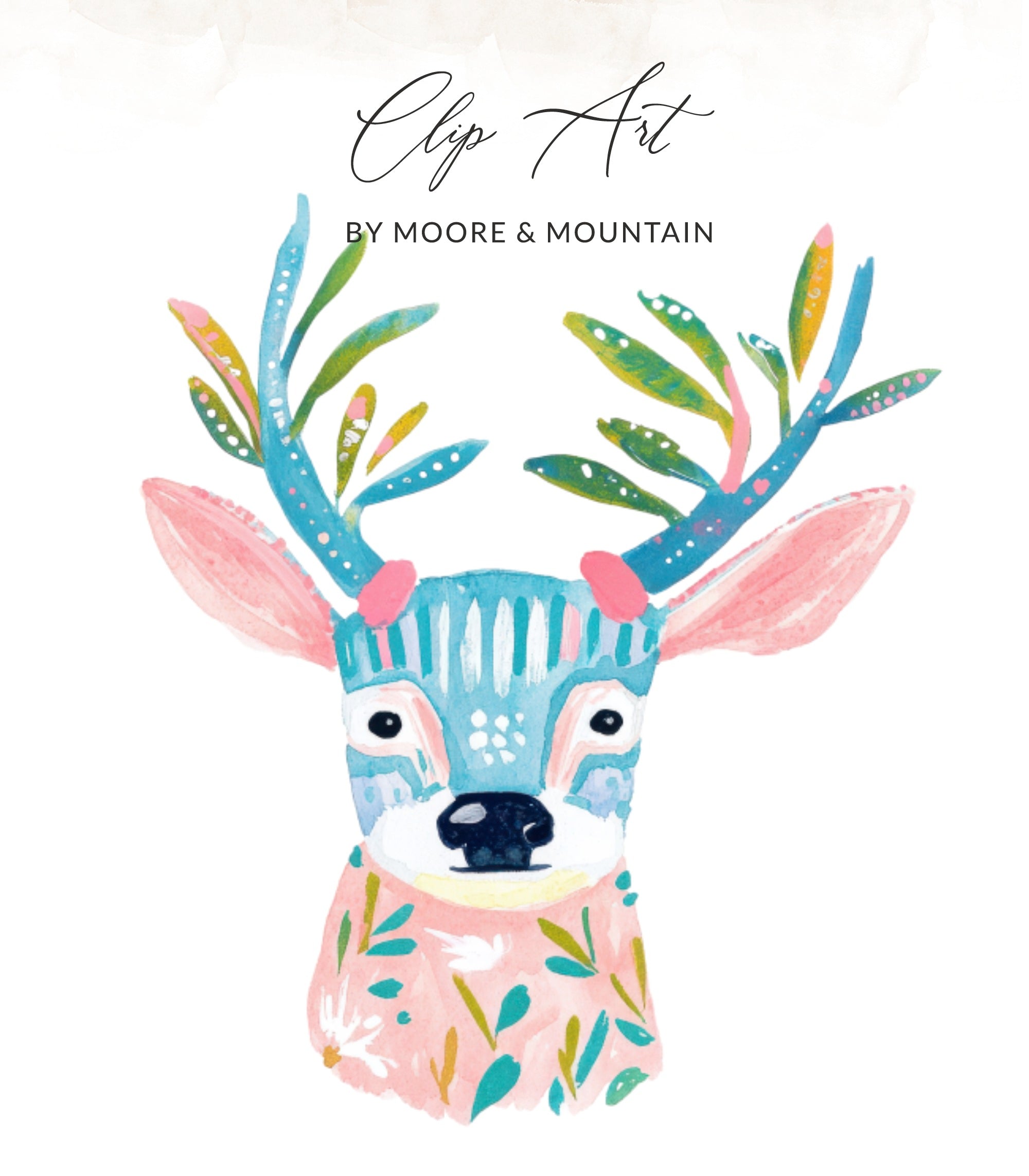 Watercolor deer illustration with floral and geometric patterns.