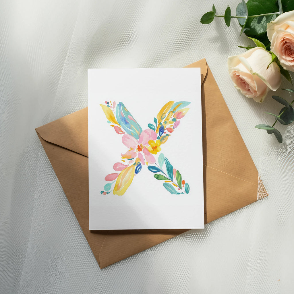 Watercolor letter X made of colorful flowers on a card atop an envelope.