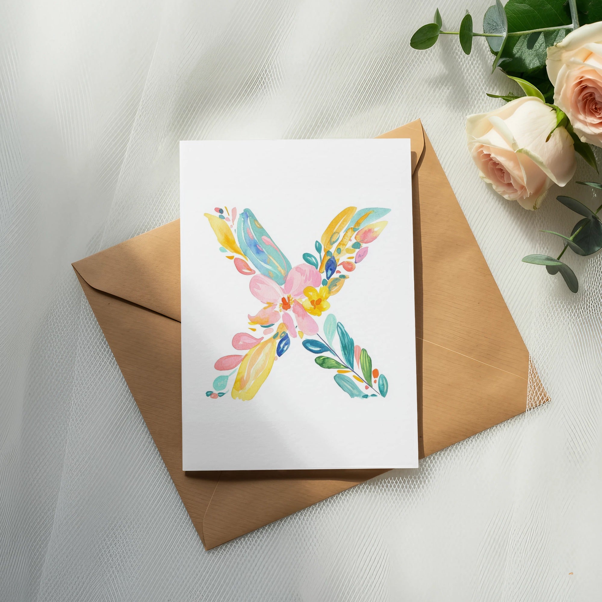 Watercolor letter X made of colorful flowers on a card atop an envelope.