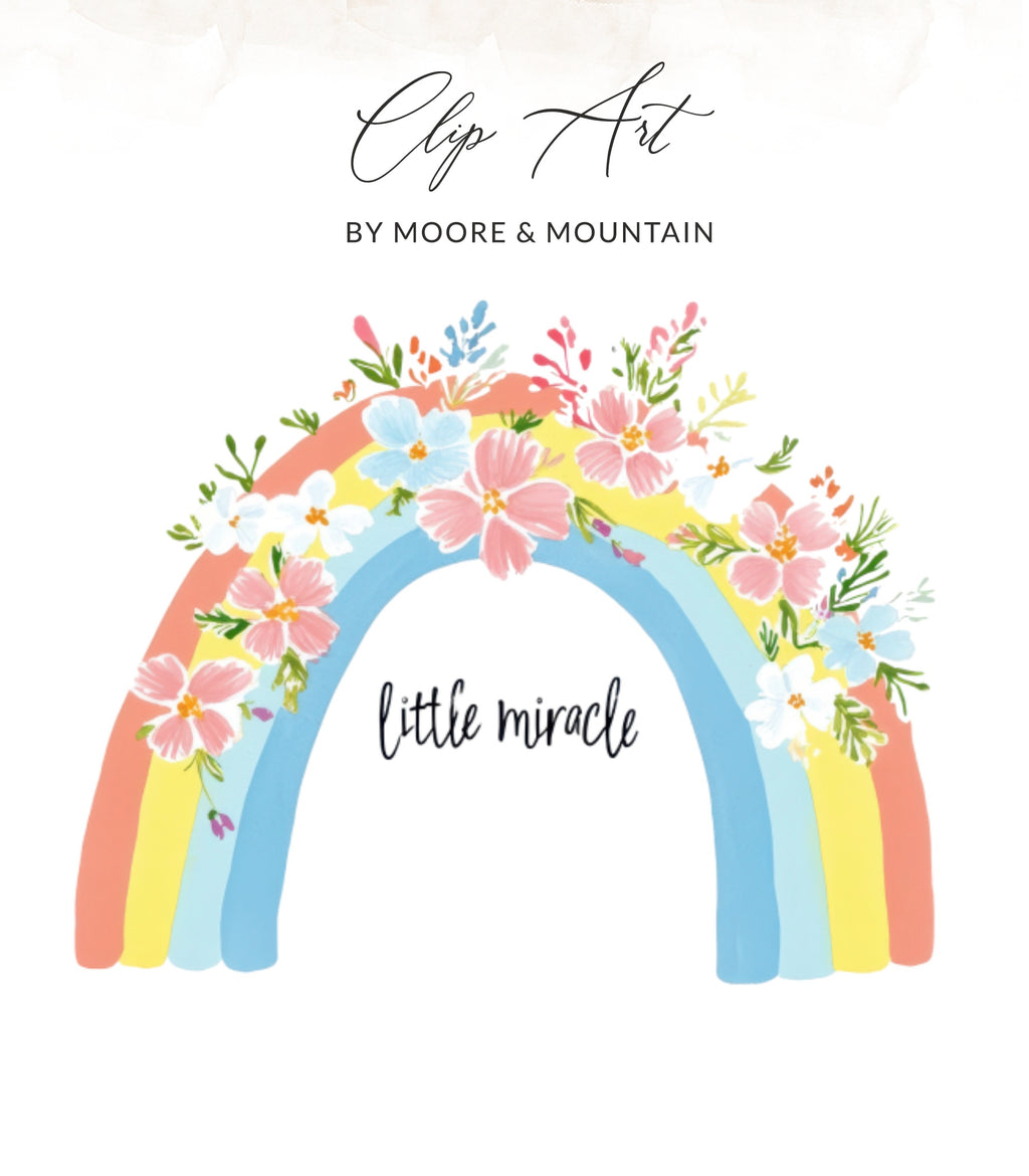Rainbow with floral accents and text "little miracle".