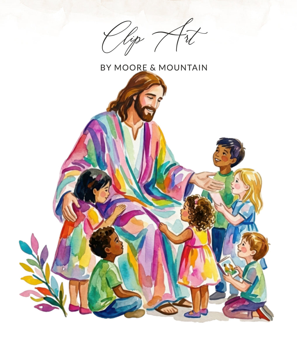 Jesus with children, colorful watercolor illustration, "Clip Art by Moore & Mountain" text.