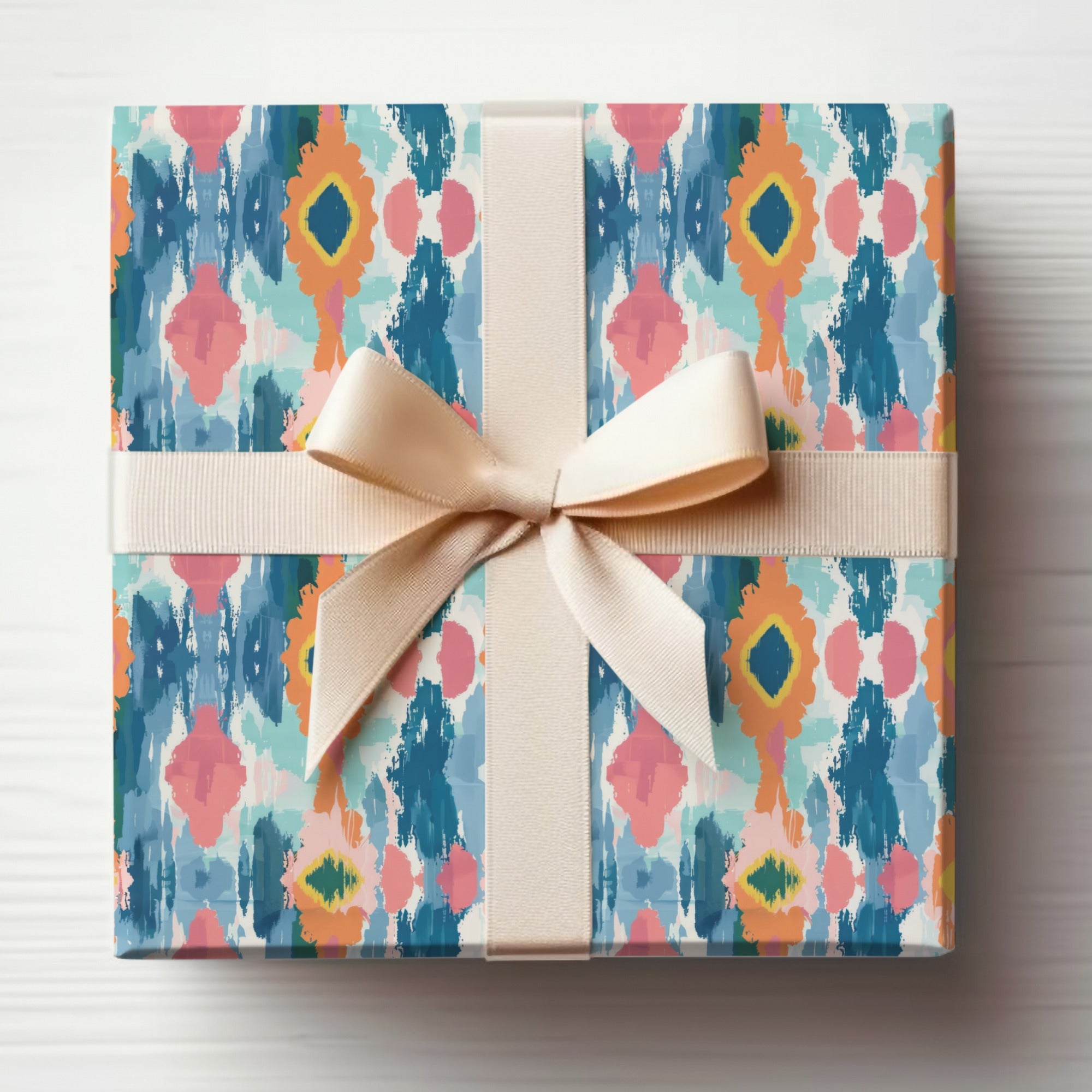 Colorful Abstract Pattern Gift Wrap with Beige Ribbon