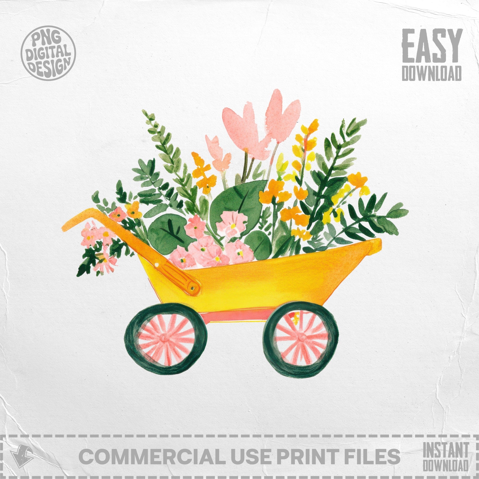 Yellow wheelbarrow filled with pink and orange flowers and green foliage.