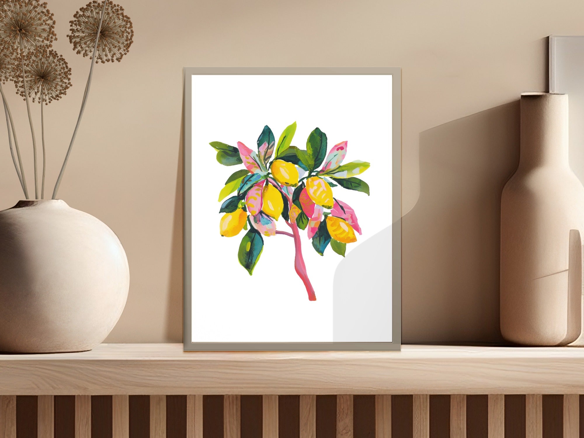 Watercolor painting of a lemon tree with bright yellow fruit and colorful leaves.