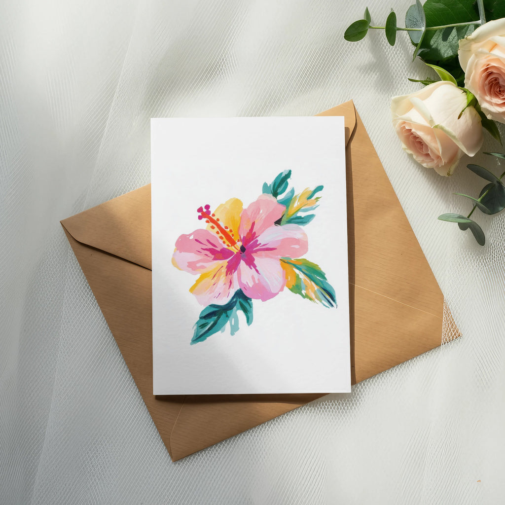 White card with watercolor hibiscus flower on brown envelope.
