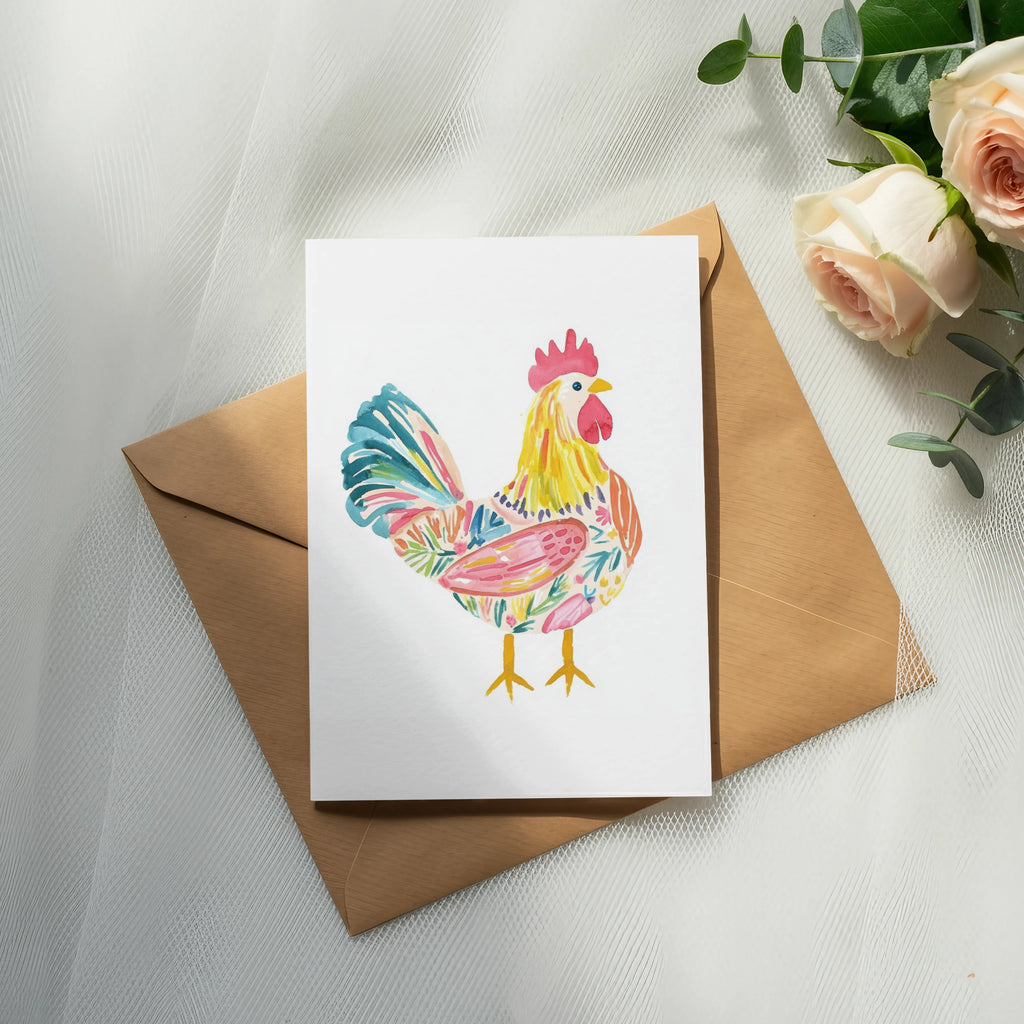 Watercolor rooster illustration on white card, resting on a brown envelope with roses.