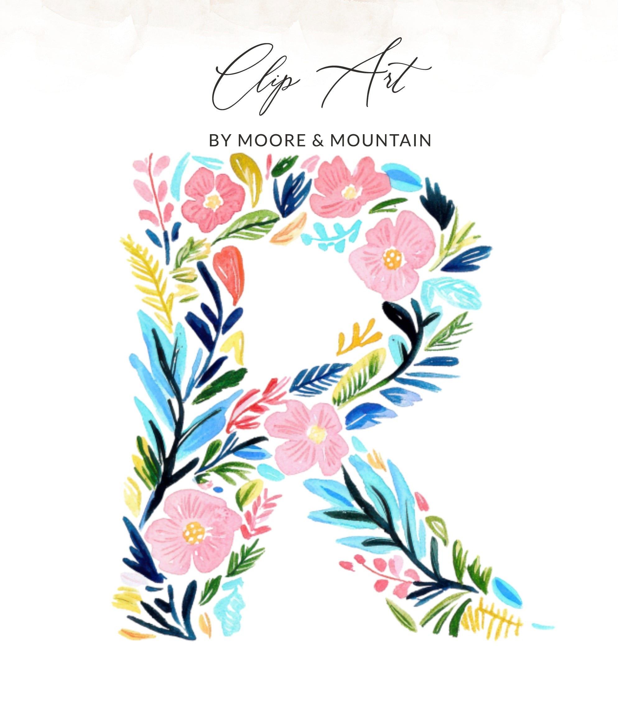 Floral letter R with "Clip Art" and "BY MOORE & MOUNTAIN" text.
